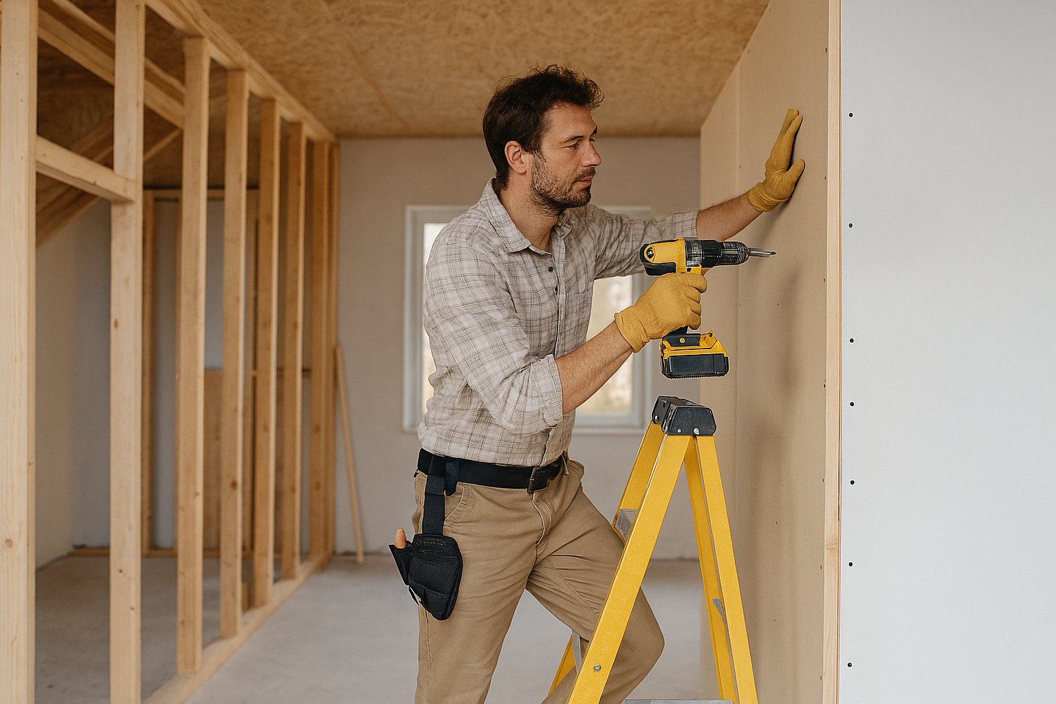 Innenausbau und Trockenbau – Handwerker montiert Gipskartonwand